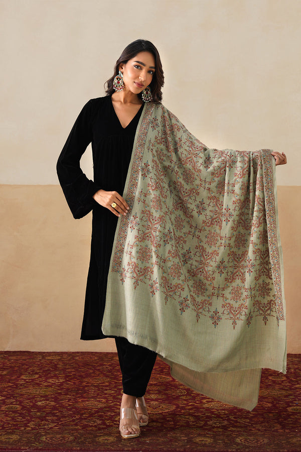 Mélange Mint Green Embroidered Shawl For Women