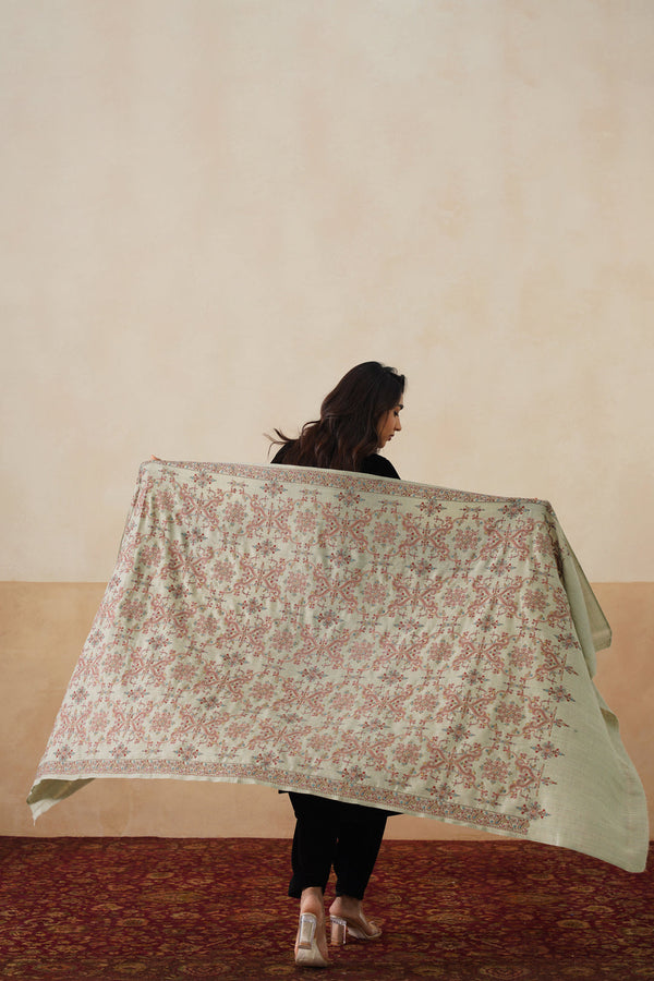 Mélange Mint Green Embroidered Shawl For Women