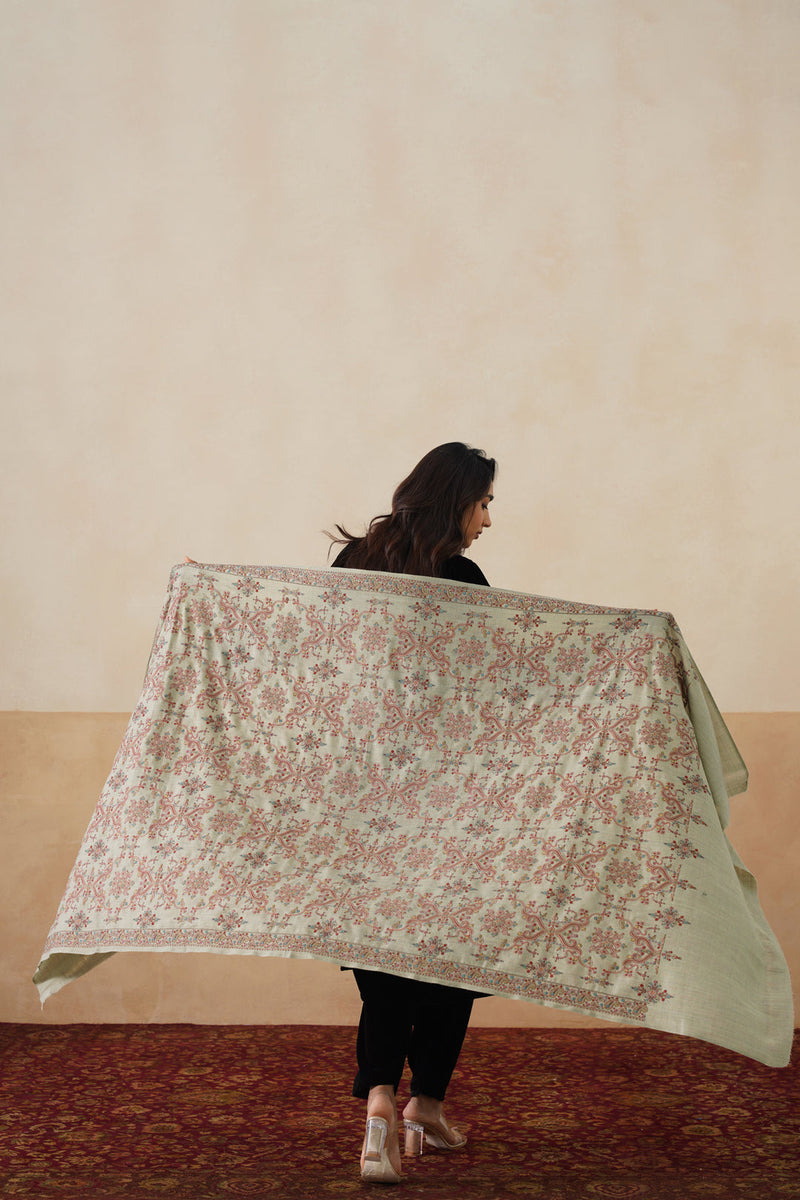 Mélange Mint Green Embroidered Shawl For Women