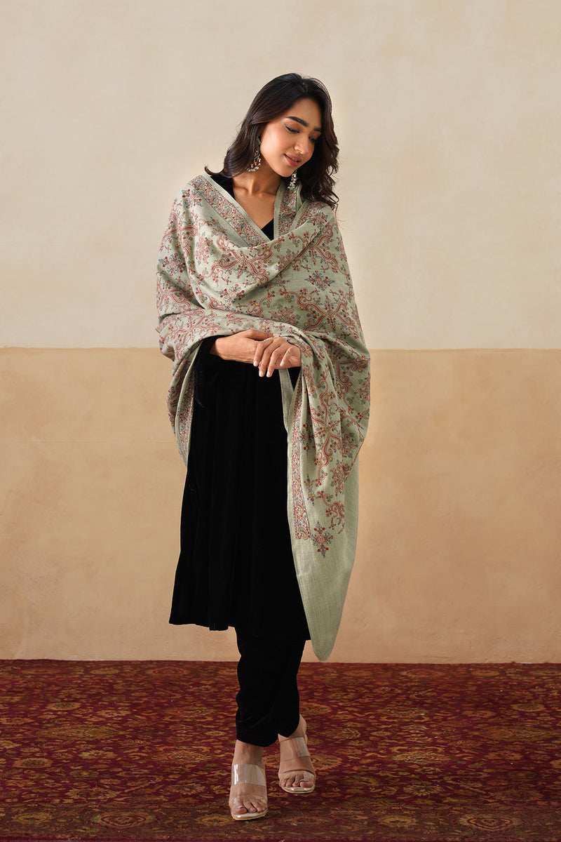 Mélange Mint Green Embroidered Shawl For Women
