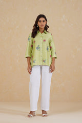 Green Cross Stitch Embroidered Top with White Linen Pants