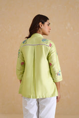 Green Cross Stitch Embroidered Top with White Linen Pants