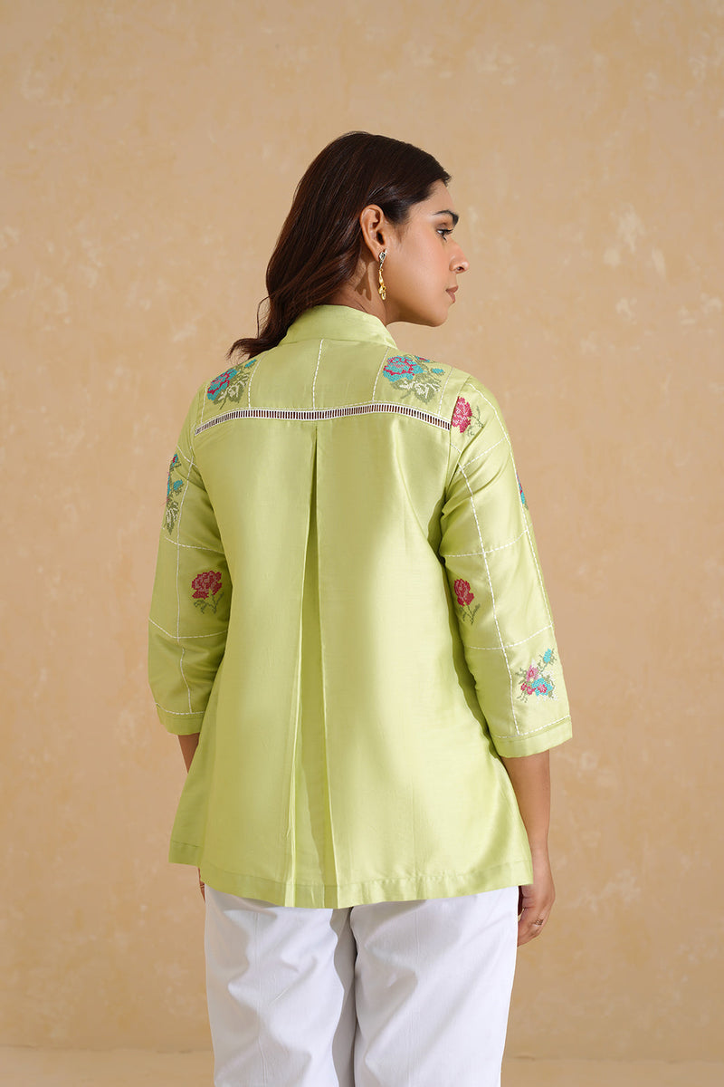 Green Cross Stitch Embroidered Top with White Linen Pants