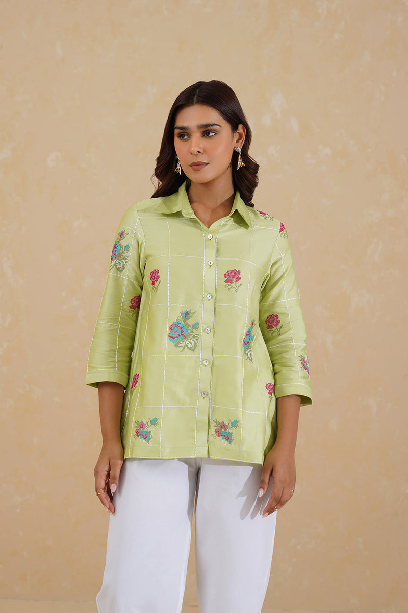 Green Cross Stitch Embroidered Top with White Linen Pants