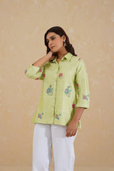 Green Cross Stitch Embroidered Top with White Linen Pants