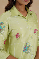 Green Cross Stitch Embroidered Top with White Linen Pants