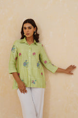 Green Cross Stitch Embroidered Top with White Linen Pants