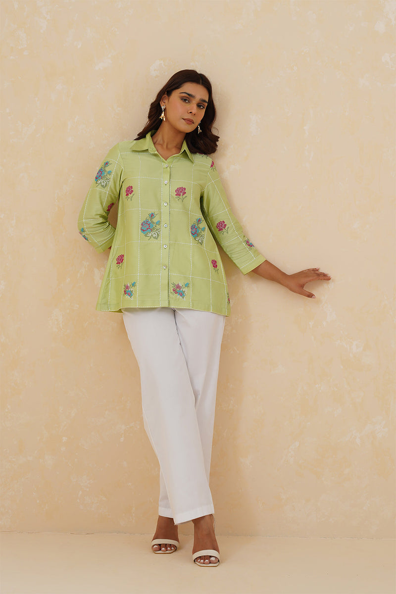 Green Cross Stitch Embroidered Top with White Linen Pants