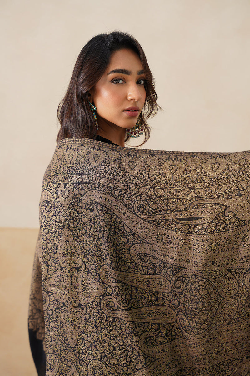 Black Gold Zari Paisley Stole For Women