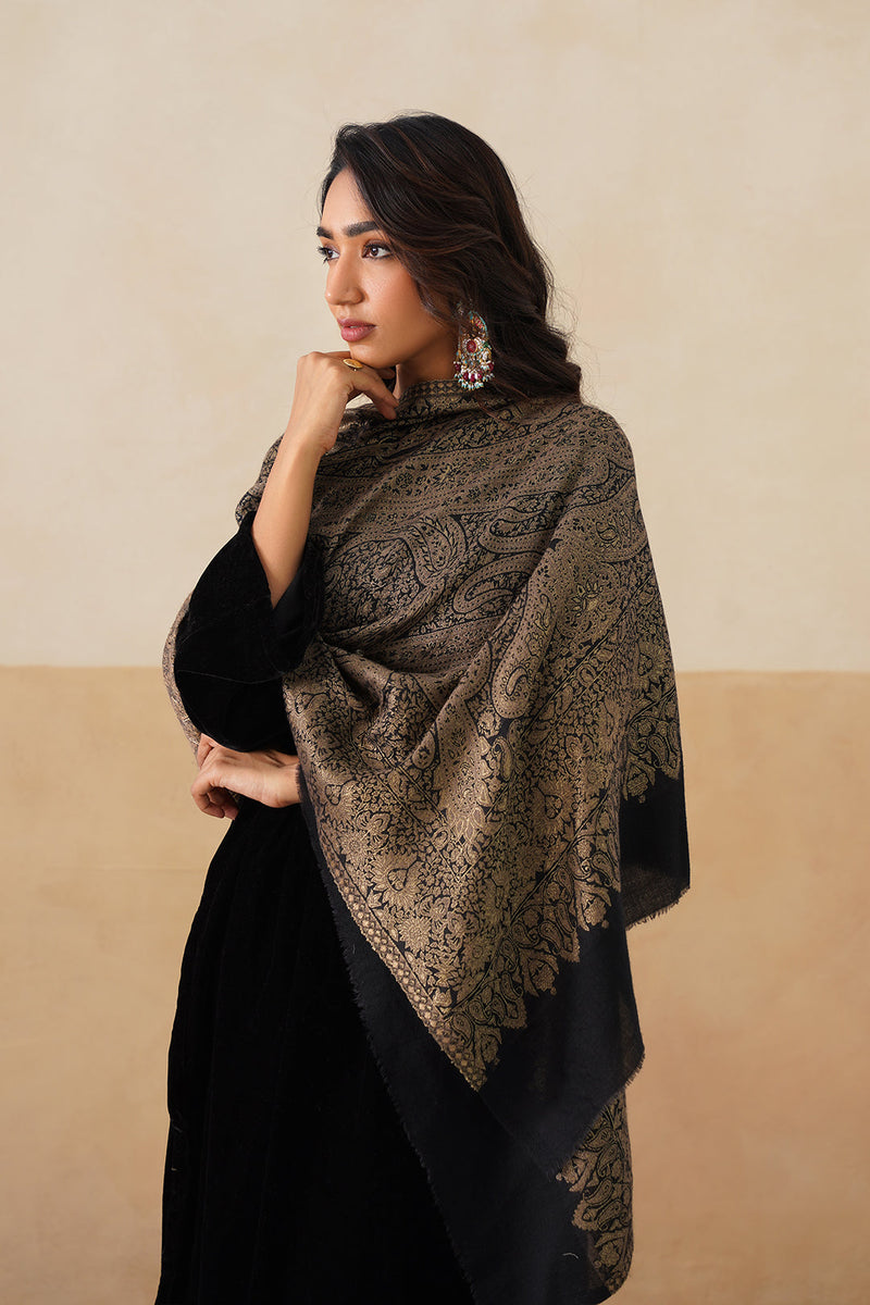 Black Gold Zari Paisley Stole For Women