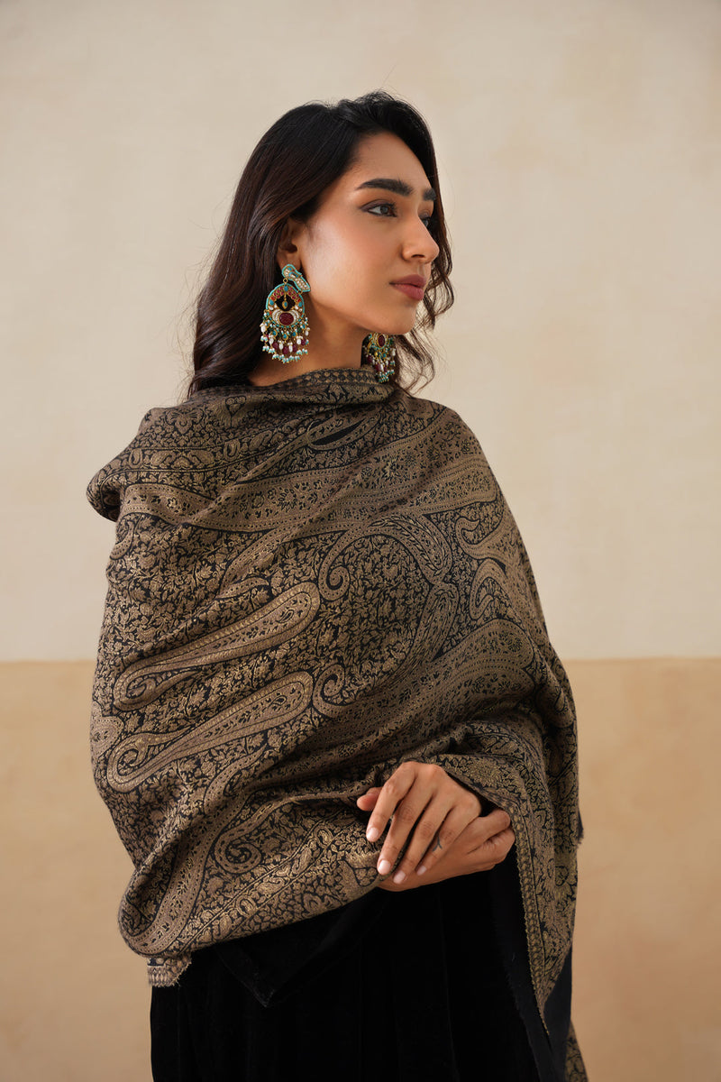 Black Gold Zari Paisley Stole For Women