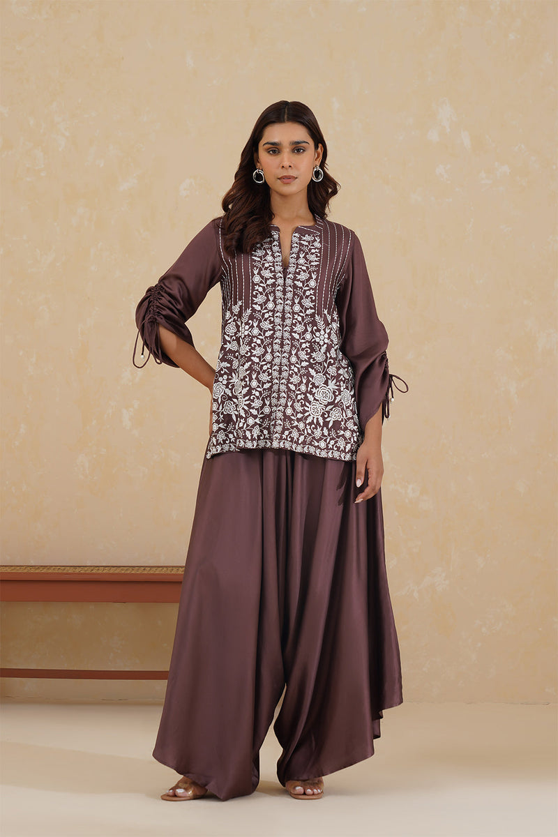 Brown Embroidered Top with Asymmetrical Pants