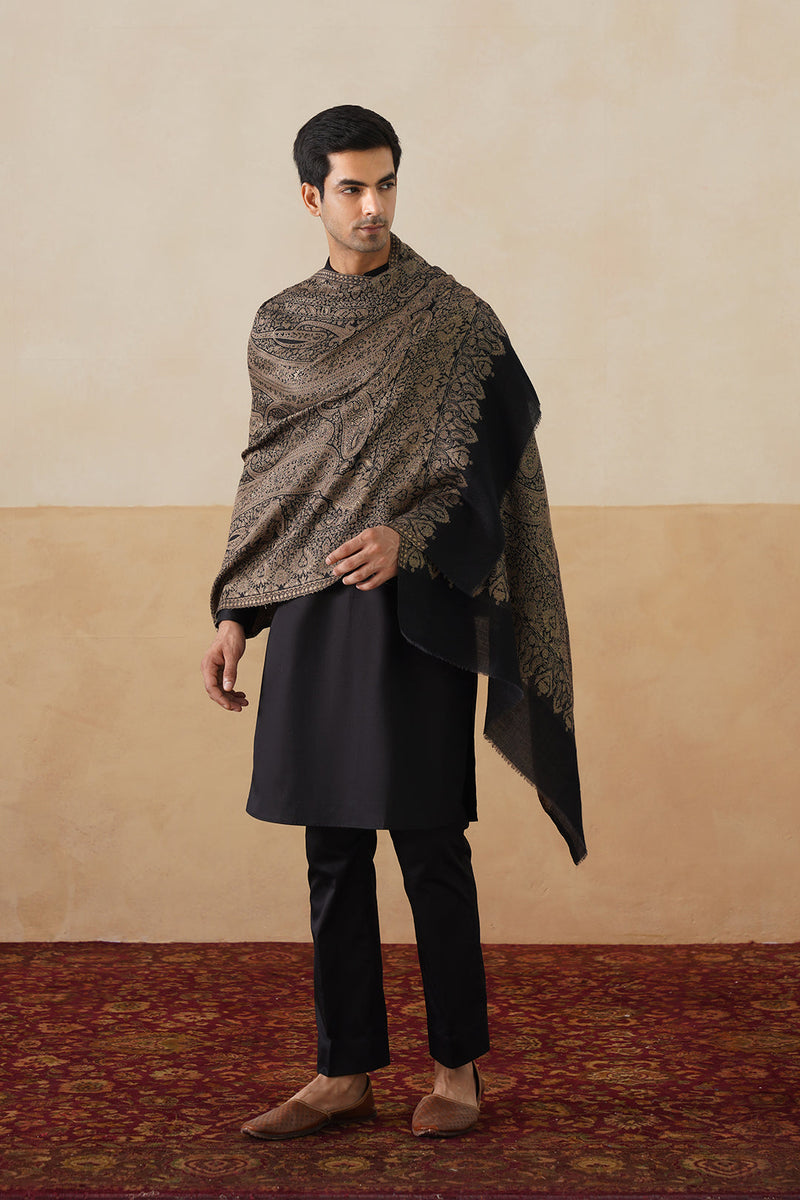 black zari stole with jamawar paisley jaal and ornate border