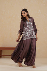 Brown Embroidered Top with Asymmetrical Pants