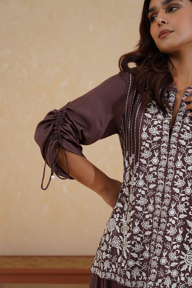 Brown Embroidered Top with Asymmetrical Pants