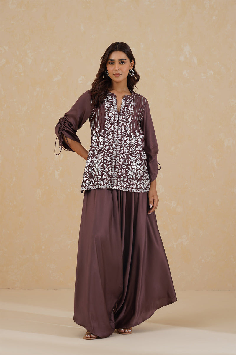 Brown Embroidered Top with Asymmetrical Pants