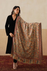 Close-up of beige Kani pattern on women's pashmina shawl