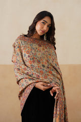 Beige Kani pashmina shawl draped gracefully for festive wear