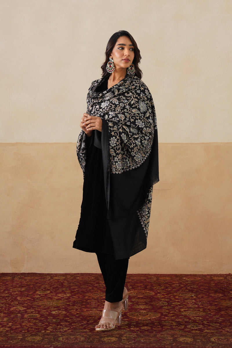 Black Aari-Embroidered Floral Jaal Shawl For Women
