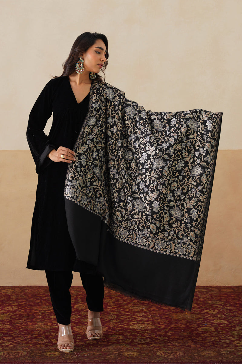 Black Aari-Embroidered Floral Jaal Shawl For Women