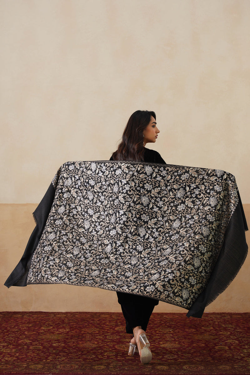 Black Aari-Embroidered Floral Jaal Shawl For Women