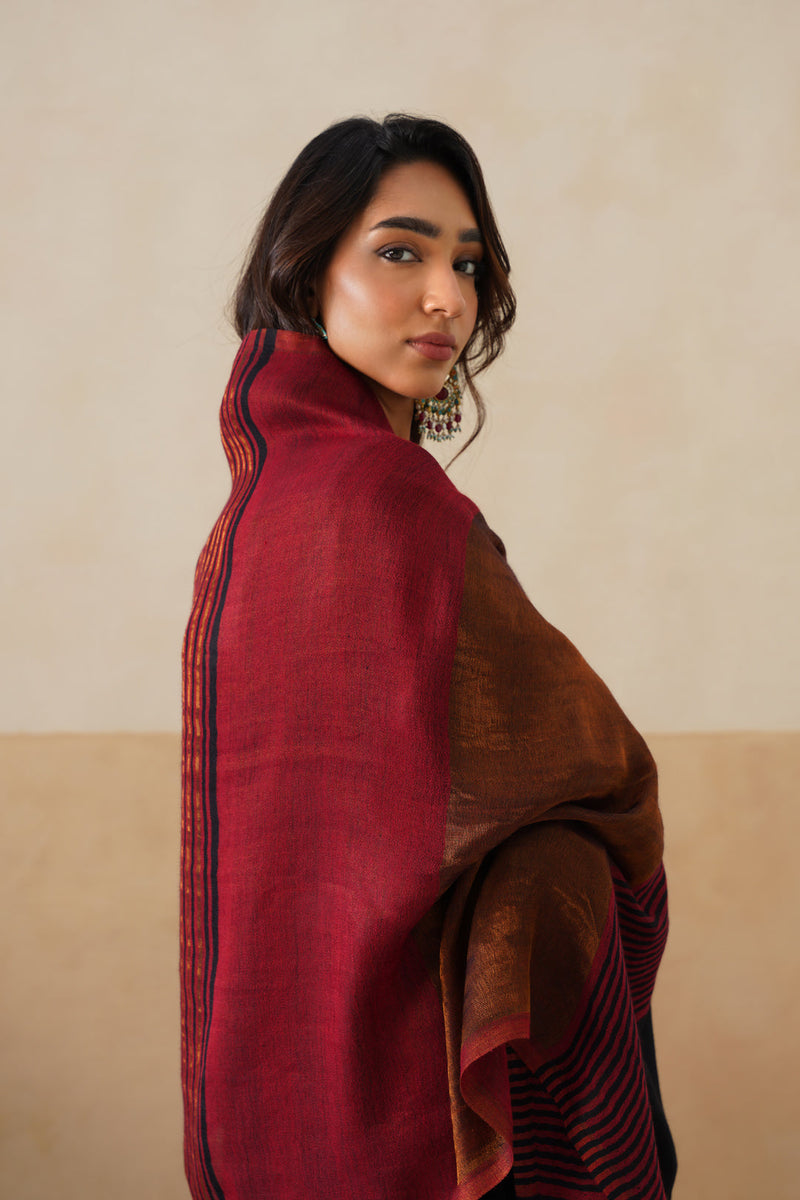 Deep Red–Copper Reversible Zari Stole For Women