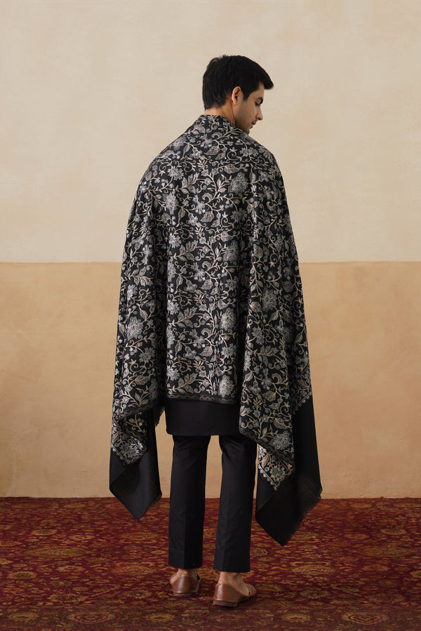 Black Aari-Embroidered Floral Jaal Shawl