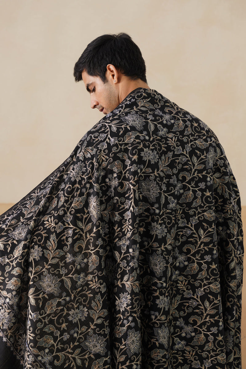 Black Aari-Embroidered Floral Jaal Shawl