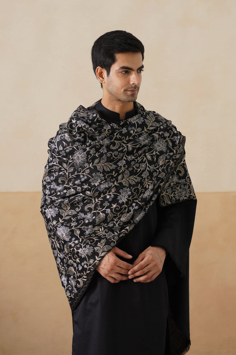 Black Aari-Embroidered Floral Jaal Shawl