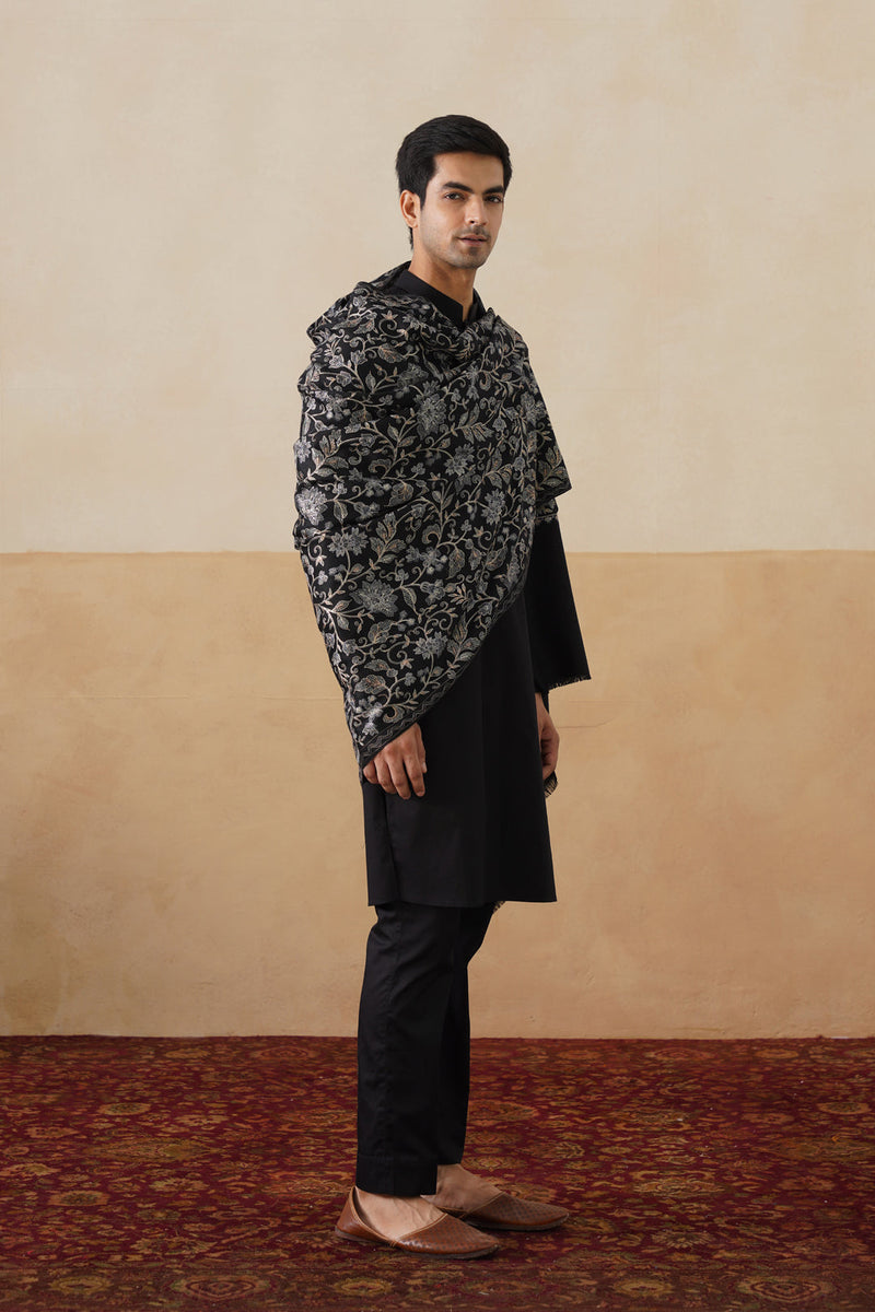 Black Aari-Embroidered Floral Jaal Shawl