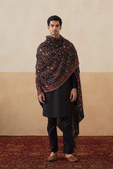 black Kani pashmina shawl with multicolour floral-jaal and woven border