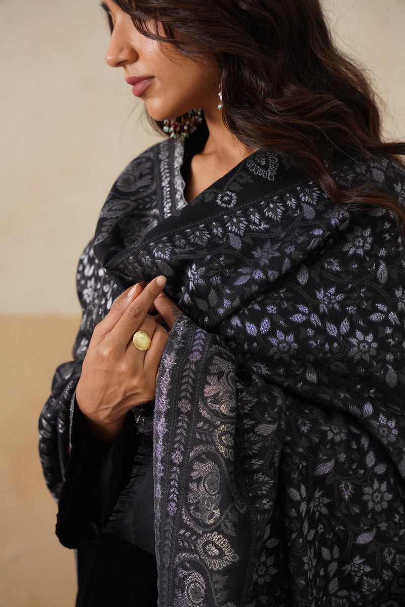 Midnight Zari Jaal Shawl For Women (Black)