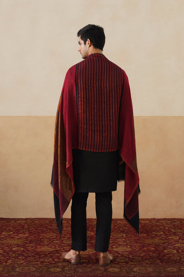 Deep Red–Copper Reversible Zari Stole