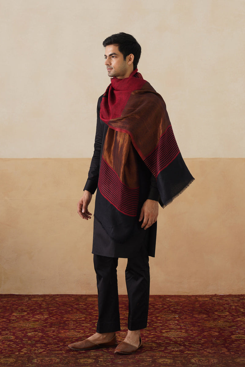 Deep Red–Copper Reversible Zari Stole