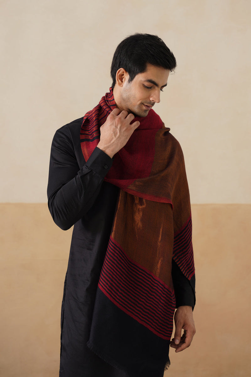 Deep Red–Copper Reversible Zari Stole