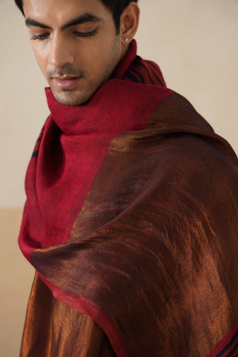 Deep Red–Copper Reversible Zari Stole