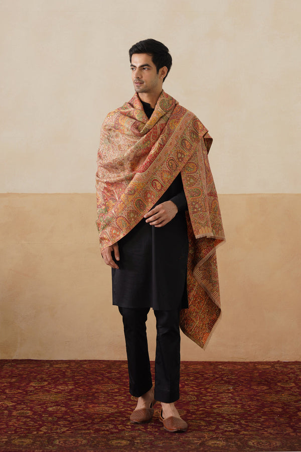 sand-beige jamawar paisley shawl with mehrab/arch panel and multicolor vinework
