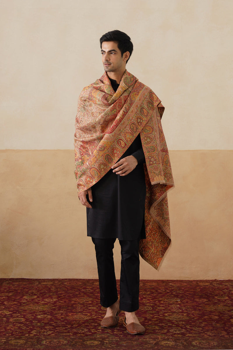 sand-beige jamawar paisley shawl with mehrab/arch panel and multicolor vinework