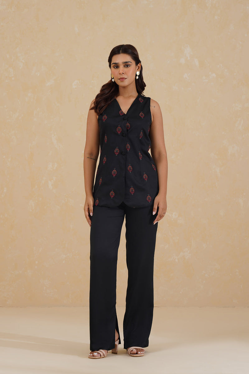 Black Embroidered Waist Coat Set