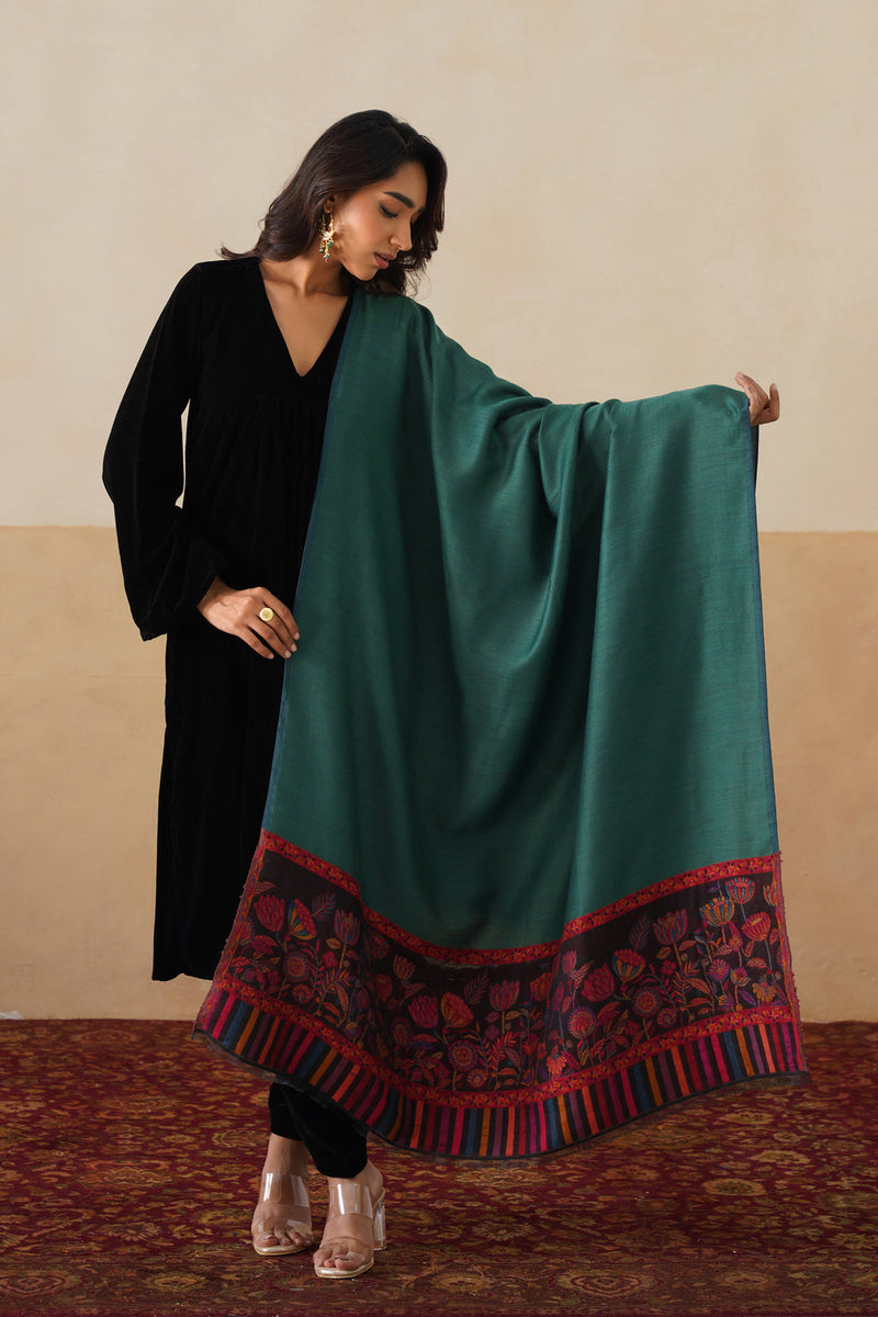 Emerald–Navy Reversible Floral-Border stole for Women