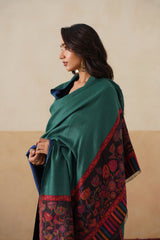 Emerald–Navy Reversible Floral-Border stole for Women