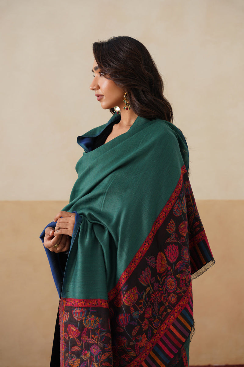 Emerald–Navy Reversible Floral-Border stole for Women