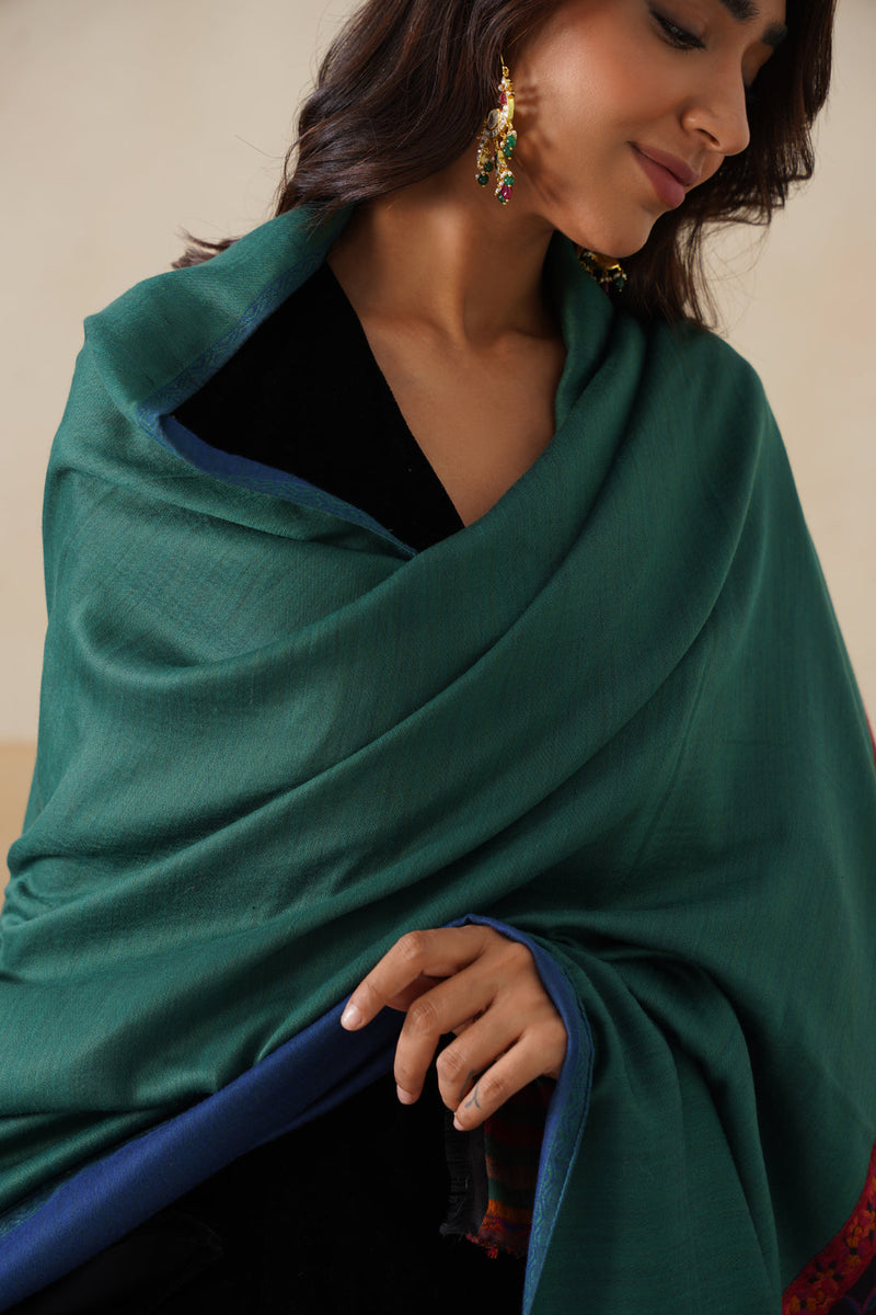 Emerald–Navy Reversible Floral-Border stole for Women