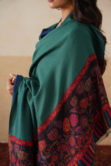Emerald–Navy Reversible Floral-Border stole for Women