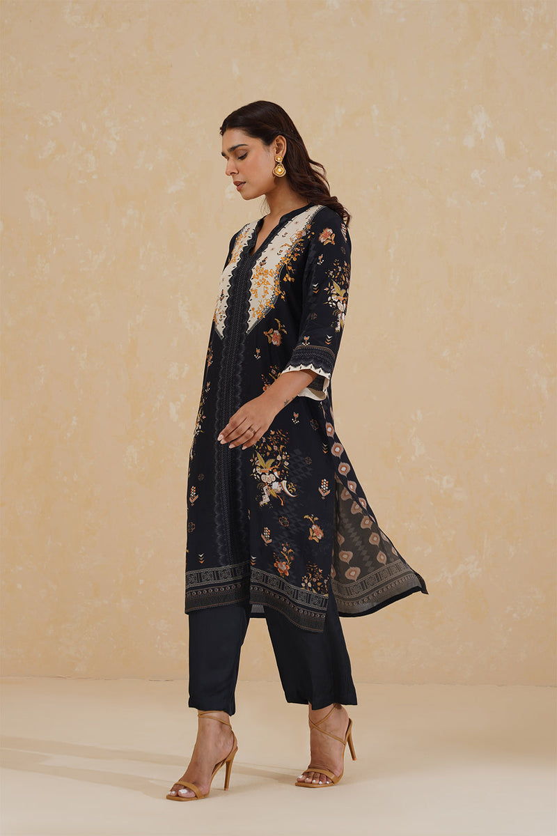 Black Floral Print Suit with Contrast Dupatta