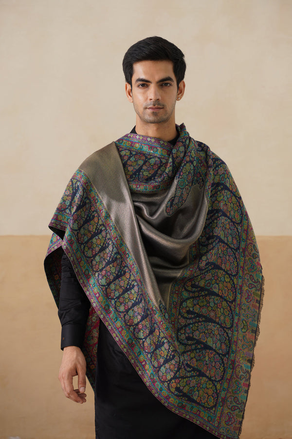 navy kani zari reversible shawl with paisley jamawar panels