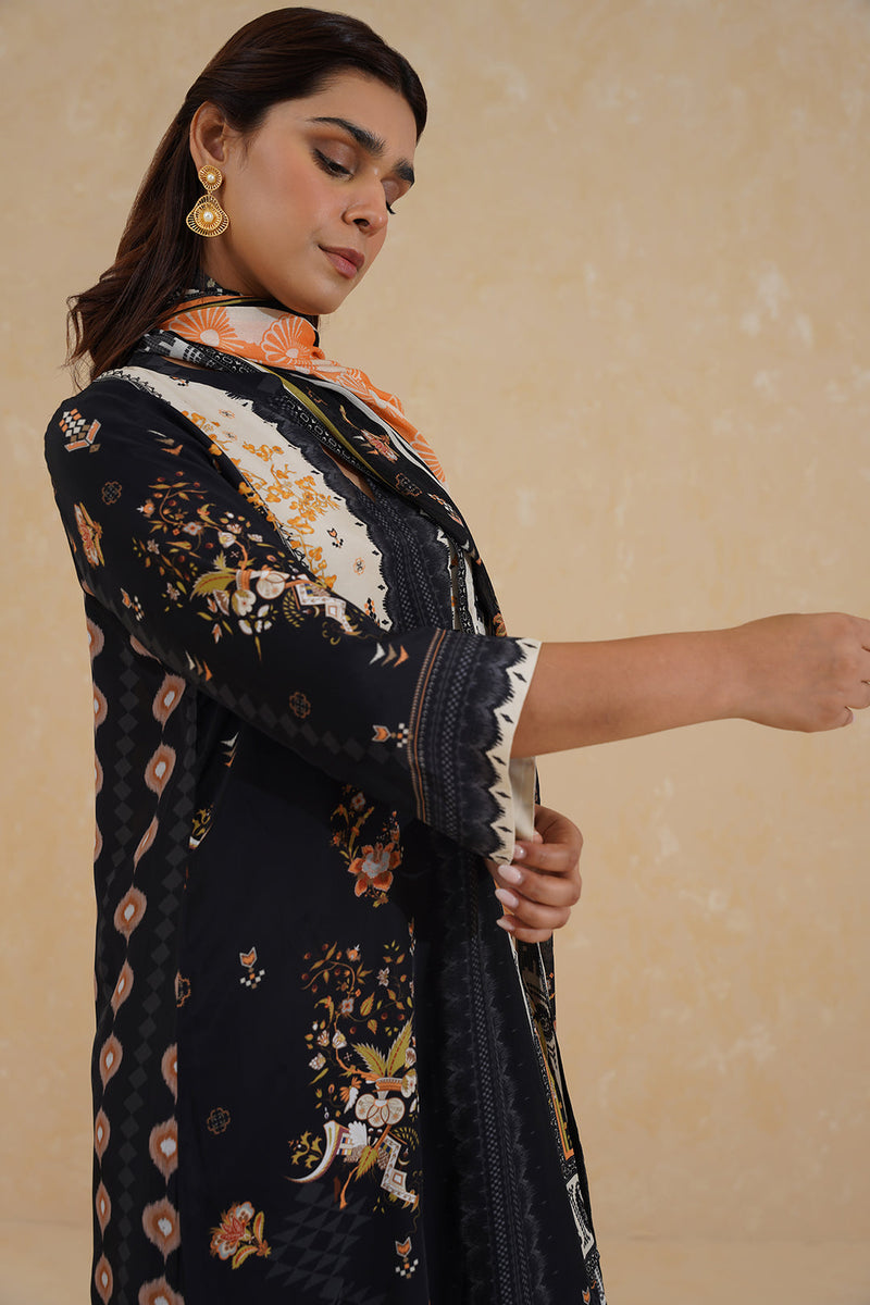 Black Floral Print Suit with Contrast Dupatta