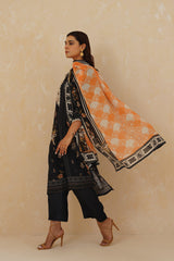 Black Floral Print Suit with Contrast Dupatta