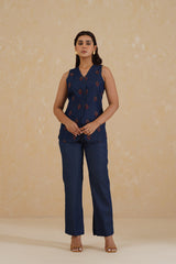 Denim Embroidered Waist Coat Set