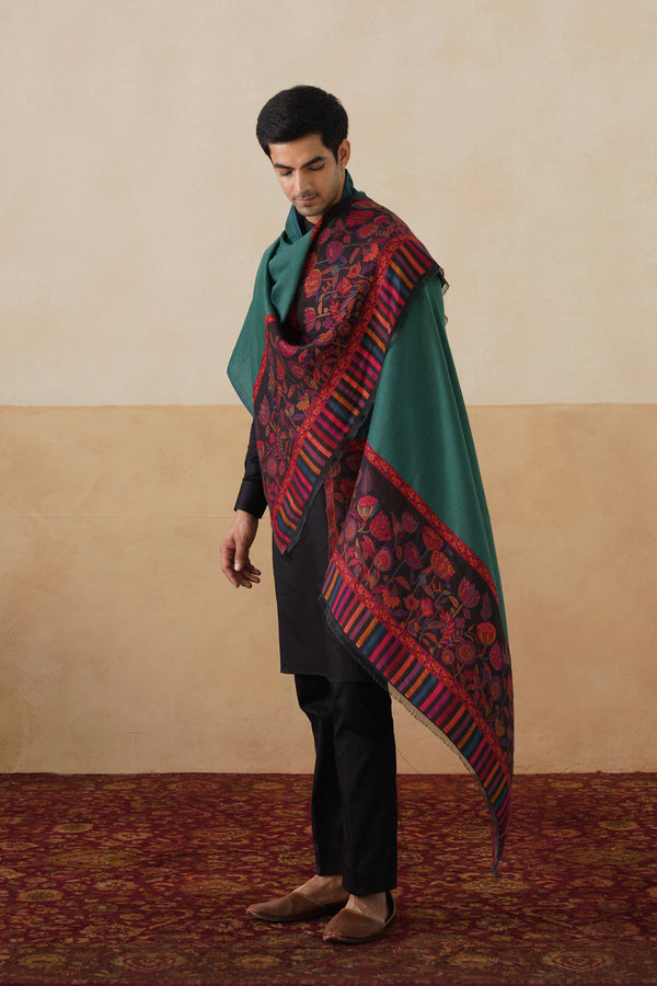 Emerald–Navy Reversible Floral-Border stole